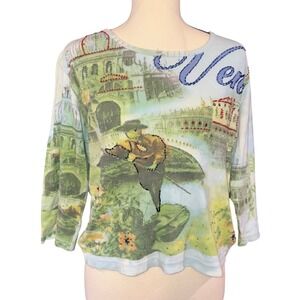 Beaded Graphic Venice Italy Vintage Top Womens Medium Blue Jane Ashley